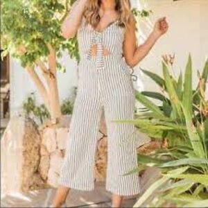 Main Strip Cream and Navy  Striped Tie-Front Jumpsuit
